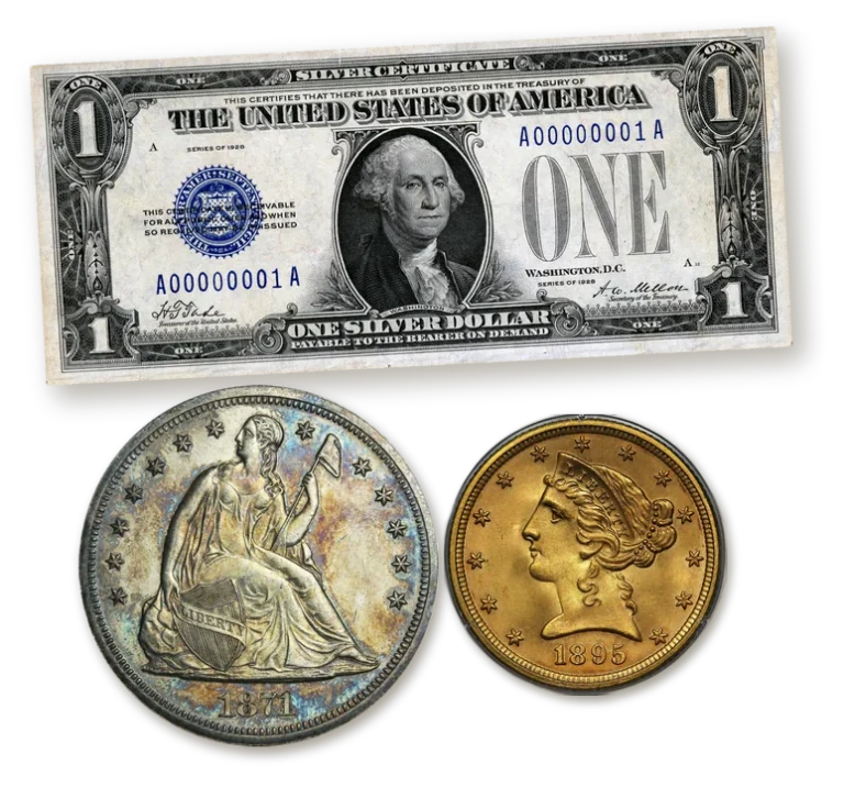 1928 one dollar silver certificate, 1871 Seated Liberty dollar and 1895 Liberty Head half eagle ready for a rare coin appraisal
