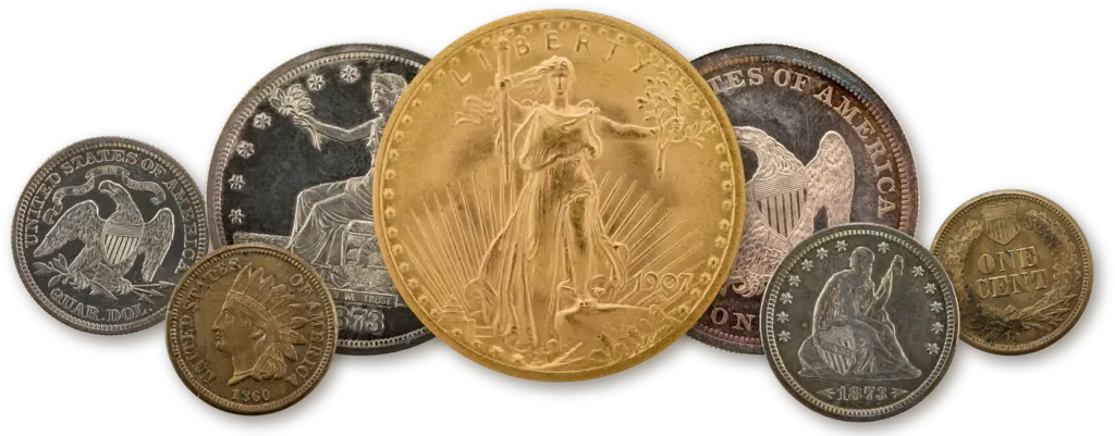 1907 Saint-Gaudens $20 gold coin with an 1873 Trade dollar, an 1866 Seated Liberty dollar, 1873 Seated Liberty quarters and an 1860 Indian Head cent