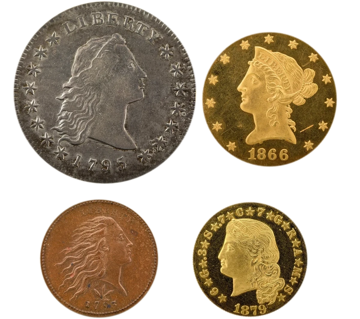 1795 Flowing Hair silver dollar, 1866 Liberty Head ten dollar gold eagle, 1793 Flowing Hair wreath cent and 1879 four dollar Stella on a gold background