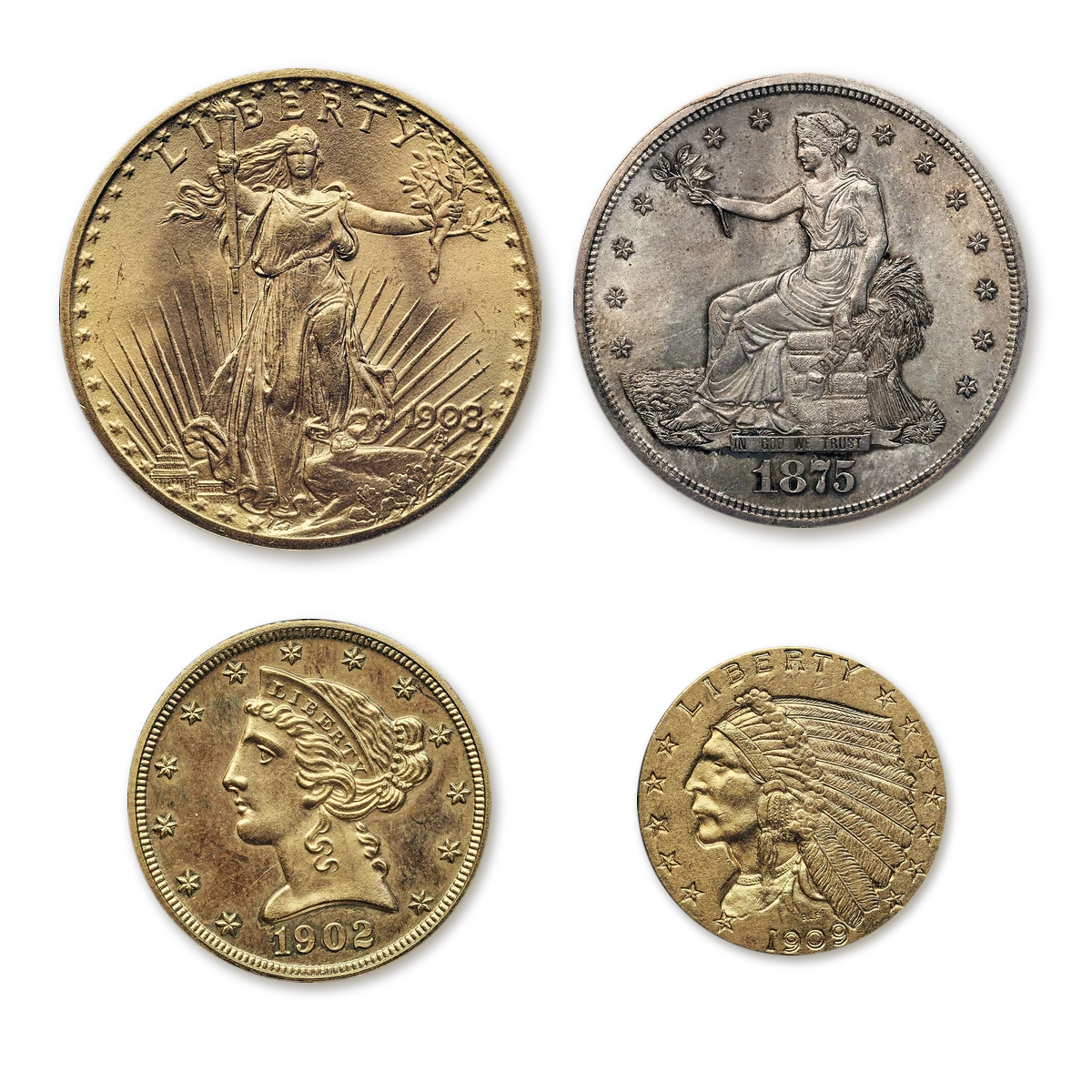 1908 Saint-Gaudens twenty dollar gold coin, 1875-S trade dollar, 1902 Liberty Head five dollar gold coin and 1909 Indian Head quarter eagle