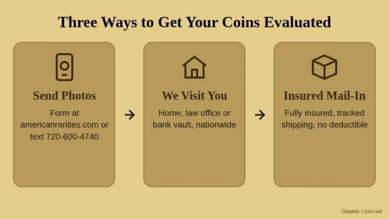 Three gold cards with dark brown icons: Send Photos, We Visit You, Insured Mail-In