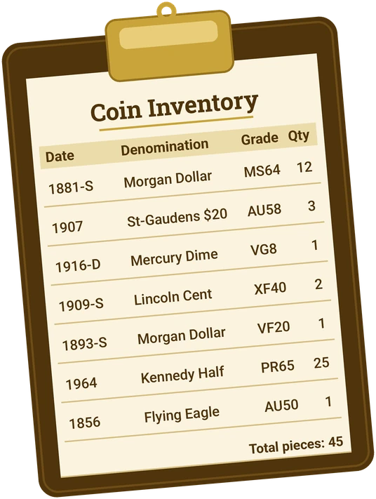 Coin inventory list on a clipboard with date, denomination, grade and quantity columns