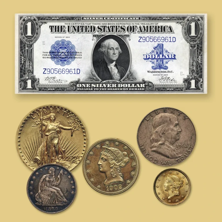 Series 1923 one dollar silver certificate above a 1907 Saint-Gaudens double eagle, 1902 Liberty Head eagle, 1962 Franklin half, 1859 Seated Liberty half and 1853 gold dollar