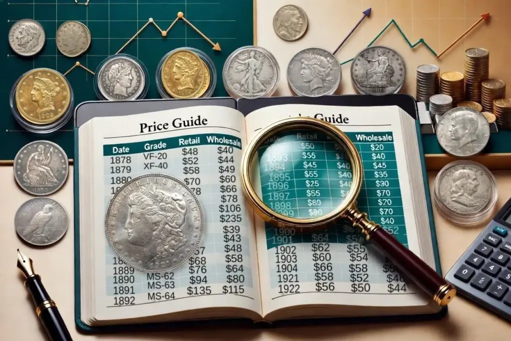 Open coin price guide with real U.S. coins including a Morgan dollar, Peace dollars, Walking Liberty, Franklin and Kennedy halves, Liberty Head gold and Buffalo and Liberty nickels