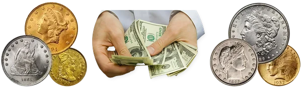 Hands in white shirt sleeves counting cash between gold and silver coins: find your coin’s value and get a written offer if you want to sell