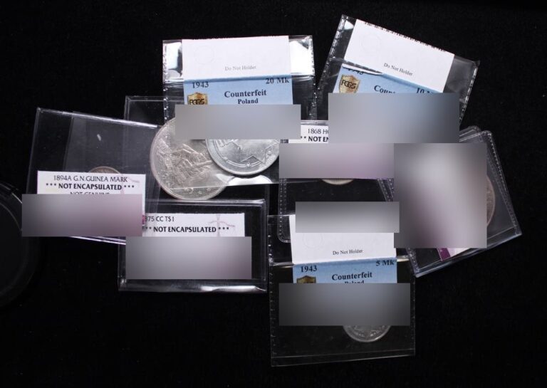 Counterfeit coins returned by grading services in flips labeled Counterfeit and Not Encapsulated