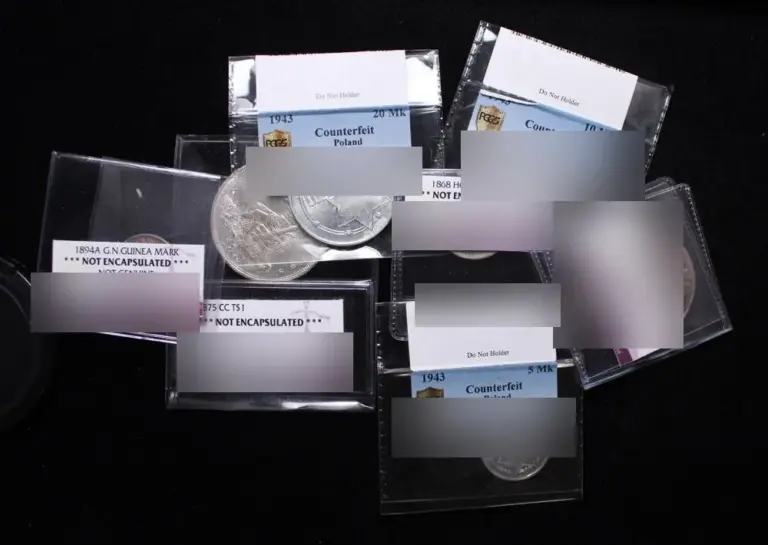 Counterfeit coins returned by grading services in flips labeled Counterfeit and Not Encapsulated