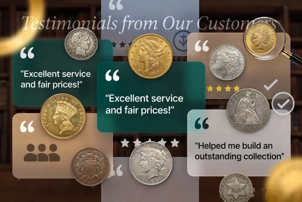 Testimonials from Our Customers banner with five-star review cards, real U.S. gold and silver coins and an Indian Head gold eagle under a magnifying glass