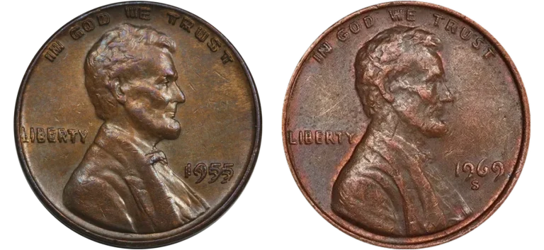 A 1955 doubled die obverse Lincoln cent and a 1969-S doubled die obverse Lincoln cent side by side on a transparent background