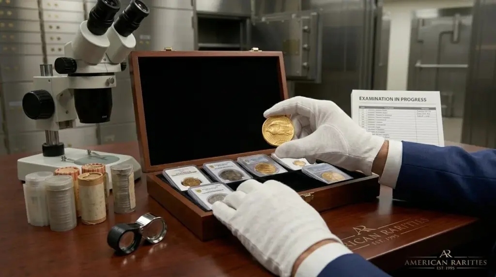 Gloved appraiser holding a gold double eagle over a wooden case of certified coins, with a microscope, coin rolls, and a loupe in a bank vault