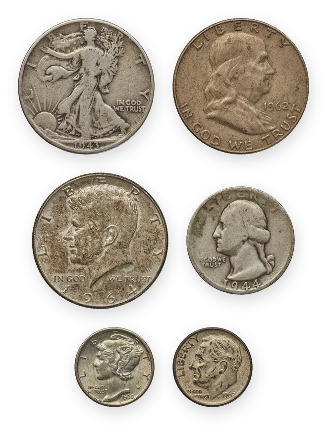 Six U.S. 90% silver coins in pairs at true relative size: a 1943 Walking Liberty half dollar, a 1962 Franklin half dollar, a 1964 Kennedy half dollar, a 1944-S Washington quarter, a 1938-S Mercury dime and a 1962 Roosevelt dime