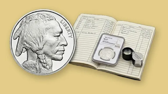 Silver round dated 2022 beside an open inventory ledger, a coin in a grading holder, and a jeweler's loupe