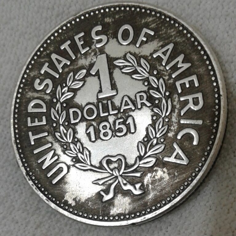 Reverse of a fantasy 1851 one dollar coin with wreath
