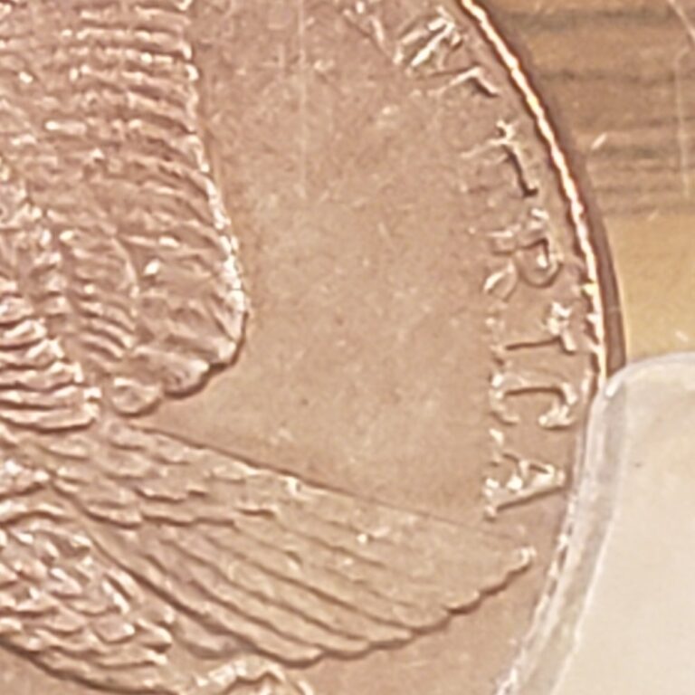 Counterfeit 1856 Flying Eagle cent from a fake PCGS holder, detail of the eagle