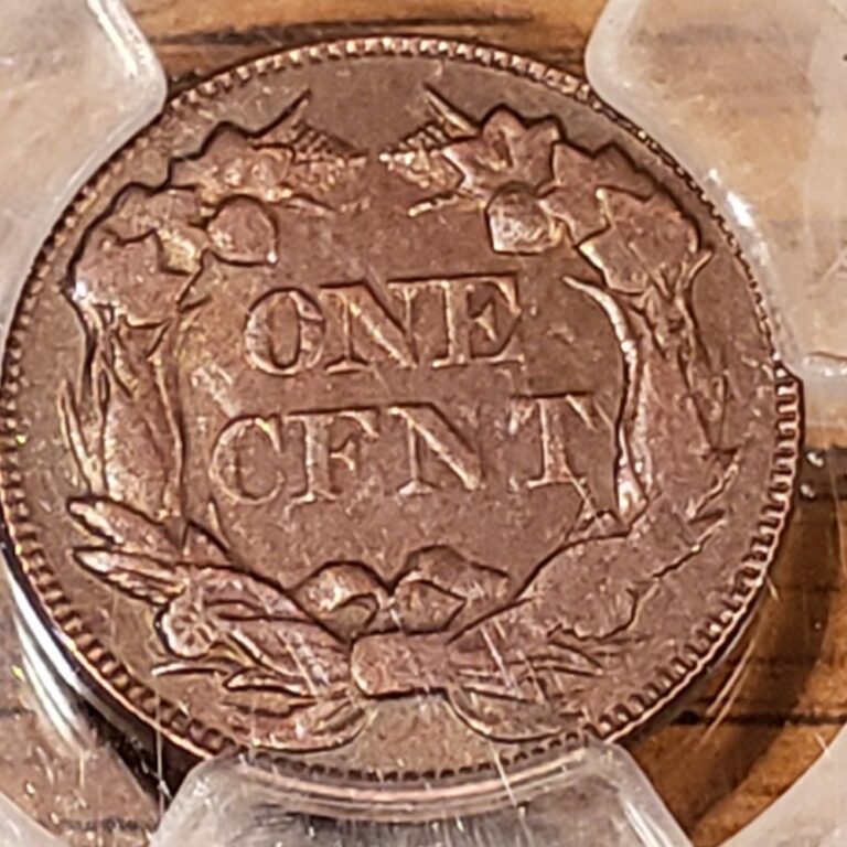 Counterfeit 1856 Flying Eagle cent from a fake PCGS holder, reverse close-up