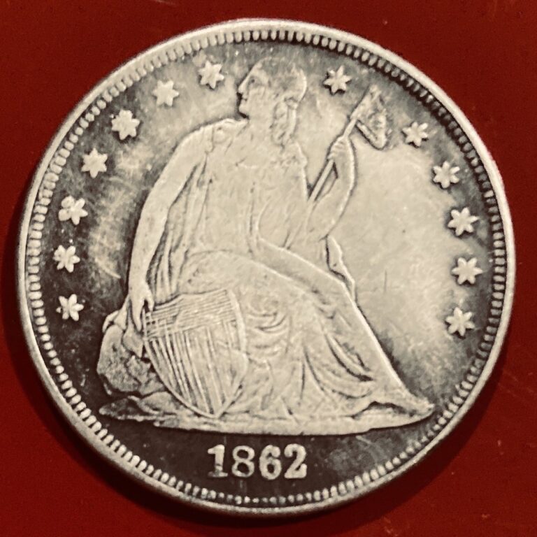Counterfeit 1862 Seated Liberty silver dollar, obverse