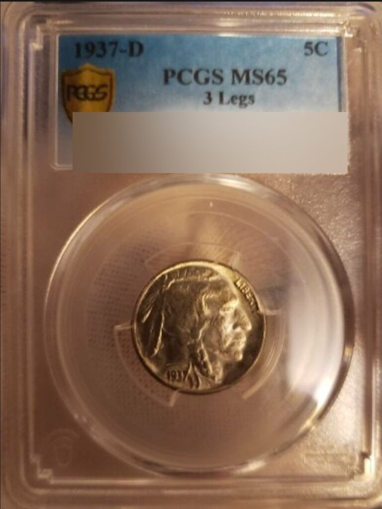 Counterfeit 1937-D 3-Legged Buffalo nickel in a PCGS-style MS65 holder, front