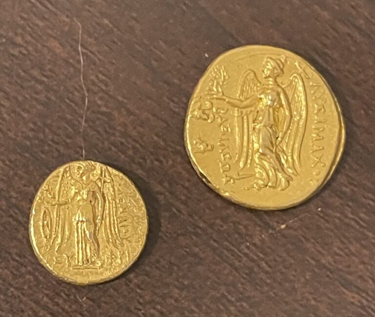 Two counterfeit ancient gold staters with standing figures