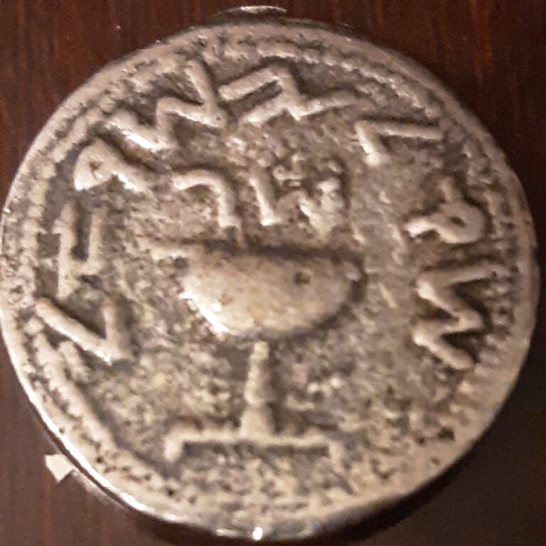 Counterfeit ancient Judean shekel with chalice