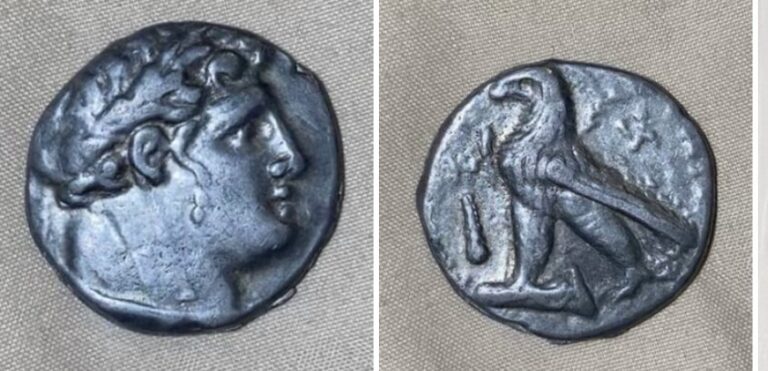 Counterfeit ancient shekel (head and eagle), obverse and reverse