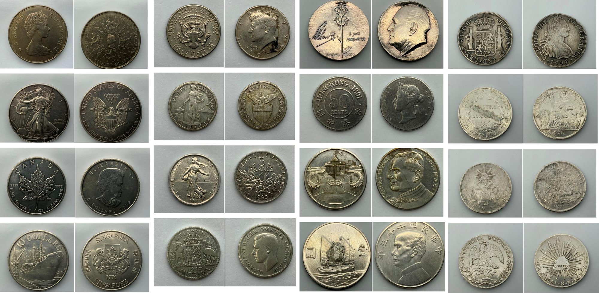 Composite of counterfeit coin photos, obverse and reverse pairs of fake U.S. and world coins