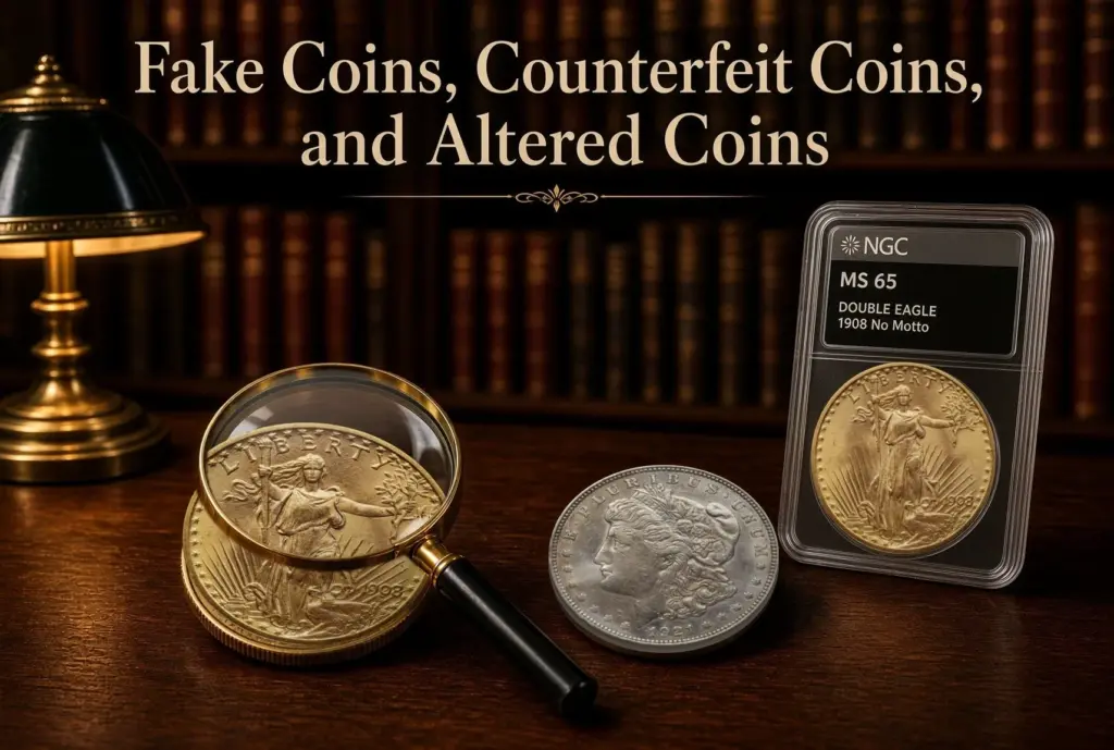 Saint-Gaudens gold double eagle under a magnifying glass beside a Morgan silver dollar and a certified slab on a study desk