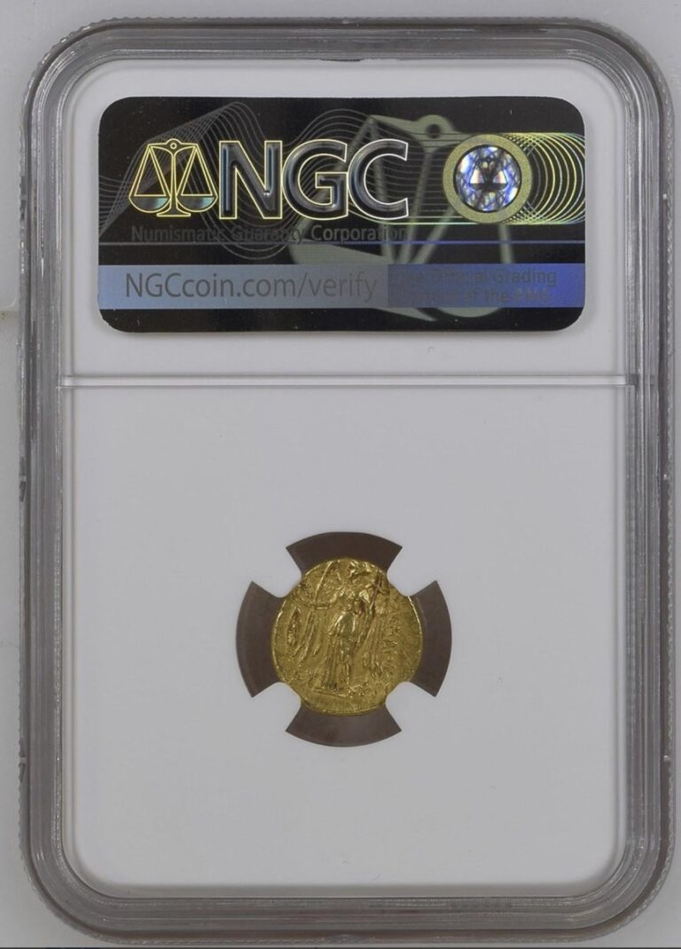 Counterfeit Ptolemaic gold half stater in an NGC-style holder, holder back