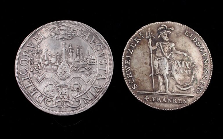 Counterfeit Swiss 4 franken silver coin, obverse and reverse