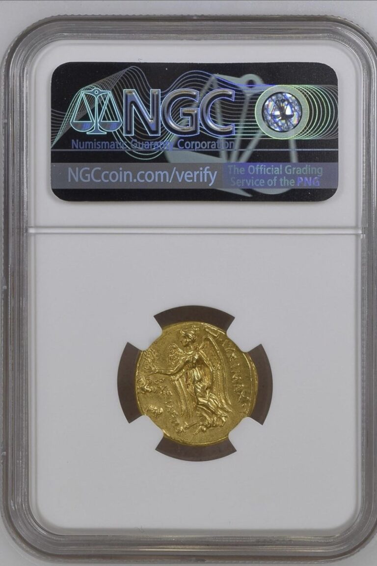 Counterfeit Thrace gold stater in an NGC-style holder, holder back