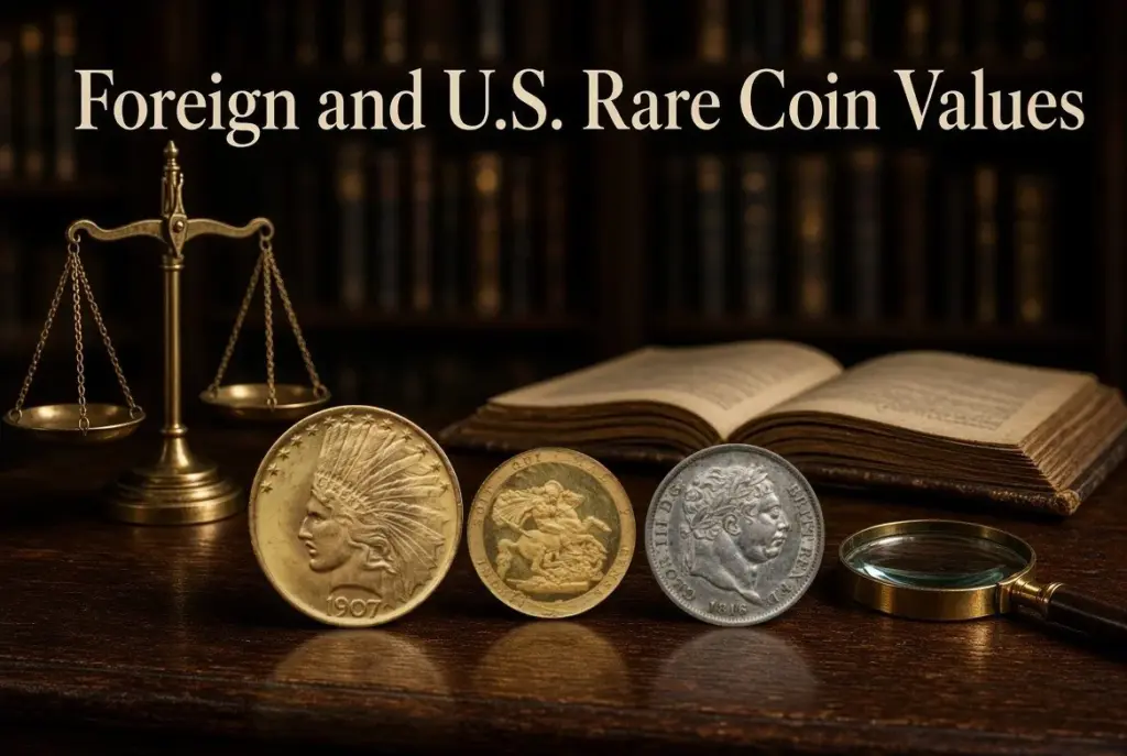 U.S. Indian Head gold eagle, British gold sovereign and British shilling on an appraisal desk with a scale and ledger