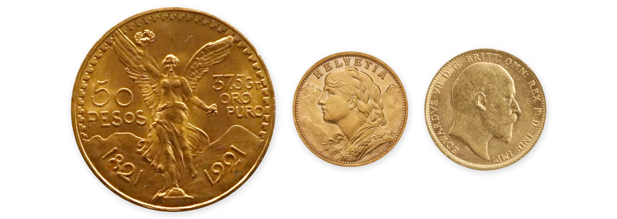 A row of three foreign gold coins at true relative size: a 1921 Mexican 50 pesos, a 1935 Swiss 20 francs and a 1902 British sovereign