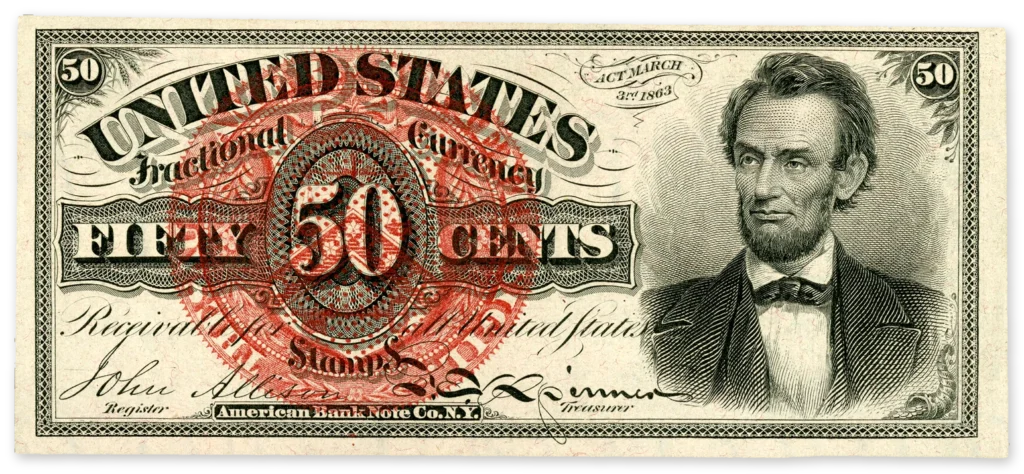 A Fourth Issue 50-cent U.S. Fractional currency note with Abraham Lincoln's portrait and a red Treasury seal