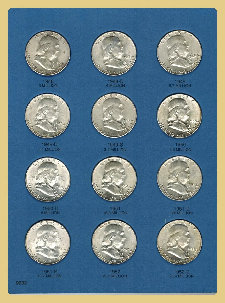 Franklin silver half dollars from 1948 to 1951 in a blue Whitman coin folder page