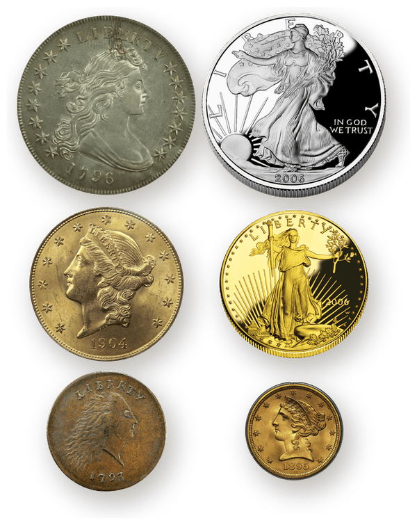 1796 Draped Bust dollar, 1793 Chain cent, 1904 double eagle, 1895 half eagle, 2006 proof American Silver Eagle and American Gold Eagle