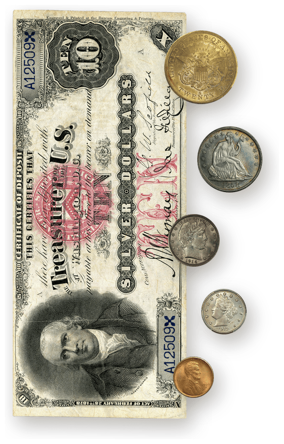1878 ten dollar silver certificate with an 1856-S double eagle, 1858 Seated Liberty half dollar, 1914 Barber quarter, 1912-S Liberty nickel and 1909-S VDB Lincoln cent