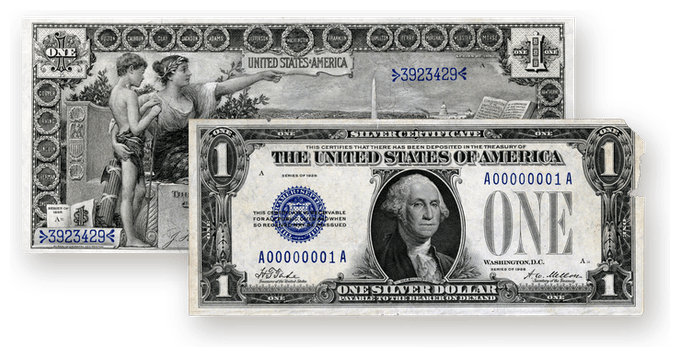 1896 one dollar Educational Series silver certificate and 1928 Funnyback one dollar silver certificate