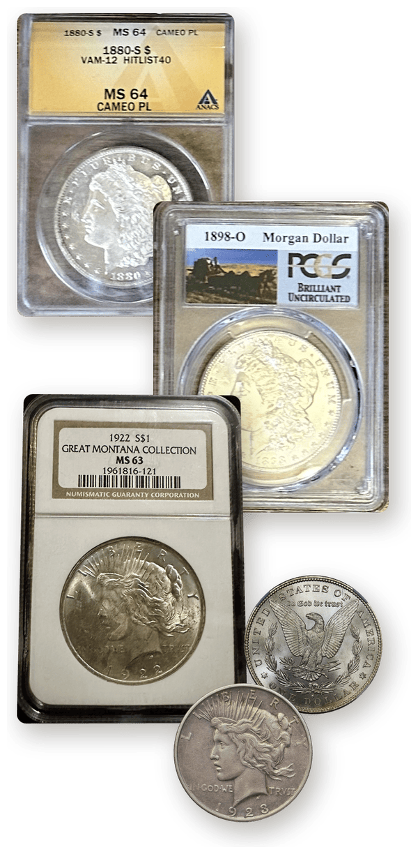 ANACS slabbed 1880-S Morgan dollar, PCGS slabbed 1898-O Morgan dollar, NGC slabbed 1922 Peace dollar, raw 1923-D Peace dollar and raw Morgan dollar