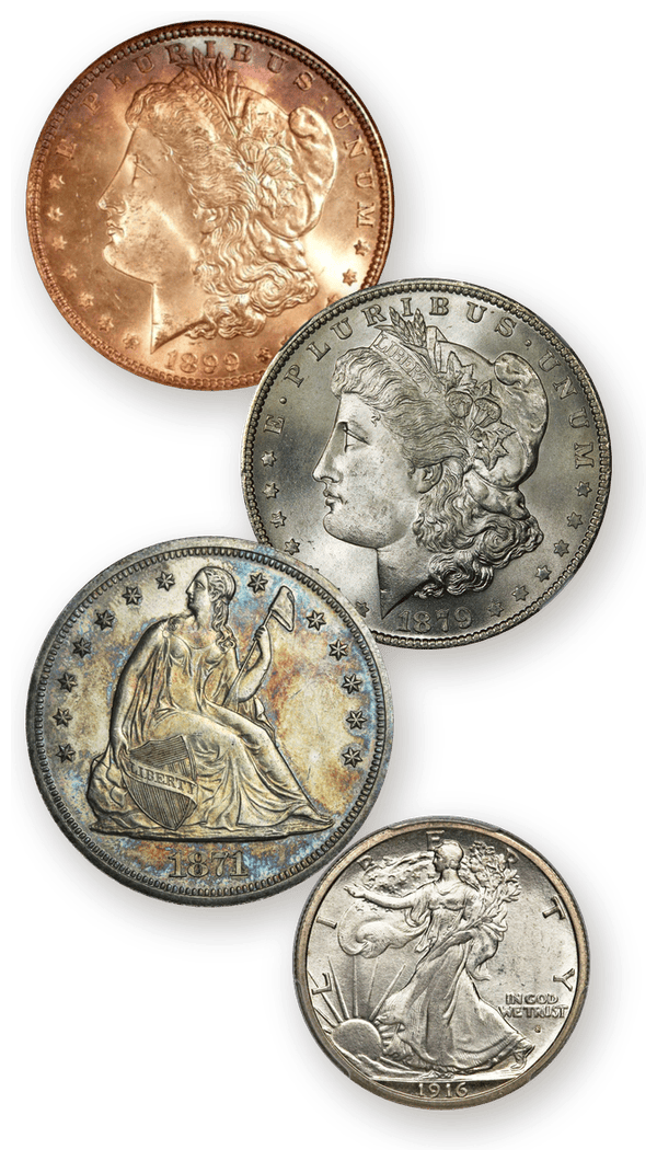 Toned 1899 Morgan dollar, 1879-S Morgan dollar, 1871 proof Seated Liberty dollar and 1916-S Walking Liberty half dollar
