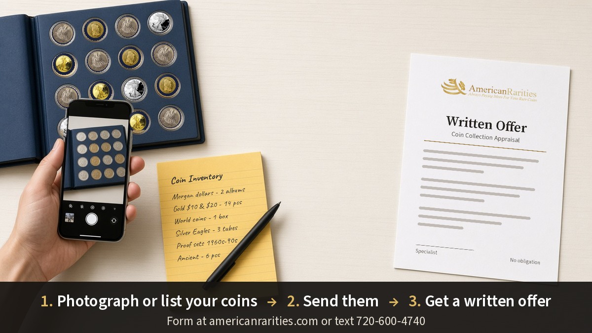 Three steps to a free coin collection appraisal: photograph your coins or list them, send them through the website form or by text, and receive a written offer