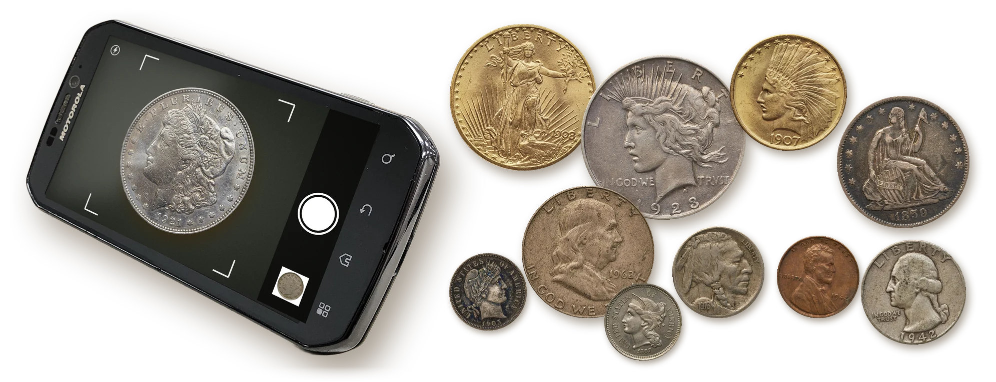 Smartphone camera photographing a 1921 Morgan silver dollar next to Saint-Gaudens and Indian Head gold, a Peace dollar, Seated Liberty and Franklin halves, Buffalo nickel and Lincoln cent