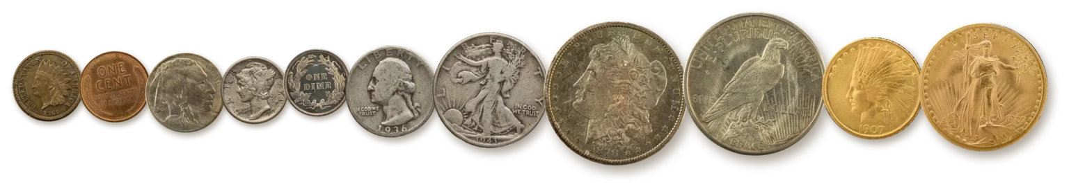 Rare U.S. coins we buy, from an Indian Head cent and Lincoln wheat cent through Buffalo nickel, Mercury and Barber dimes, Washington quarter, Walking Liberty half, Morgan and Peace dollars to Indian Head $10 and Saint-Gaudens $20 gold