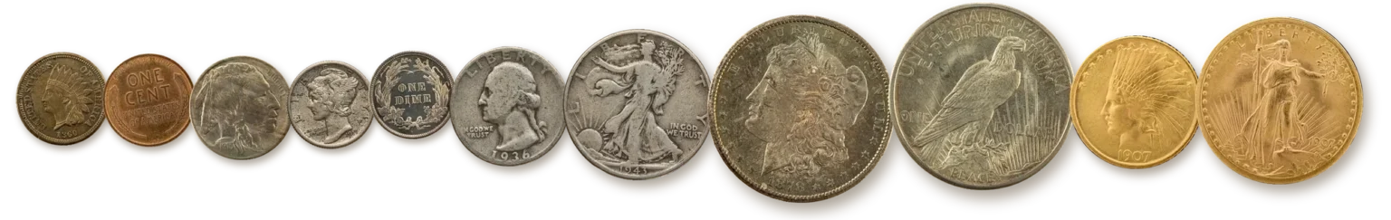Row of U.S. coins from an Indian Head cent and Lincoln wheat cent through Buffalo nickel, dimes, quarter, Walking Liberty half, Morgan and Peace dollars to Indian Head $10 and Saint-Gaudens $20 gold