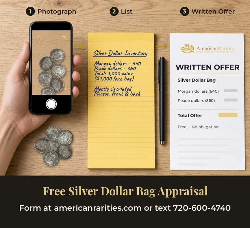 Phone photographing a pile of silver dollars beside an inventory list, leading to a written purchase offer