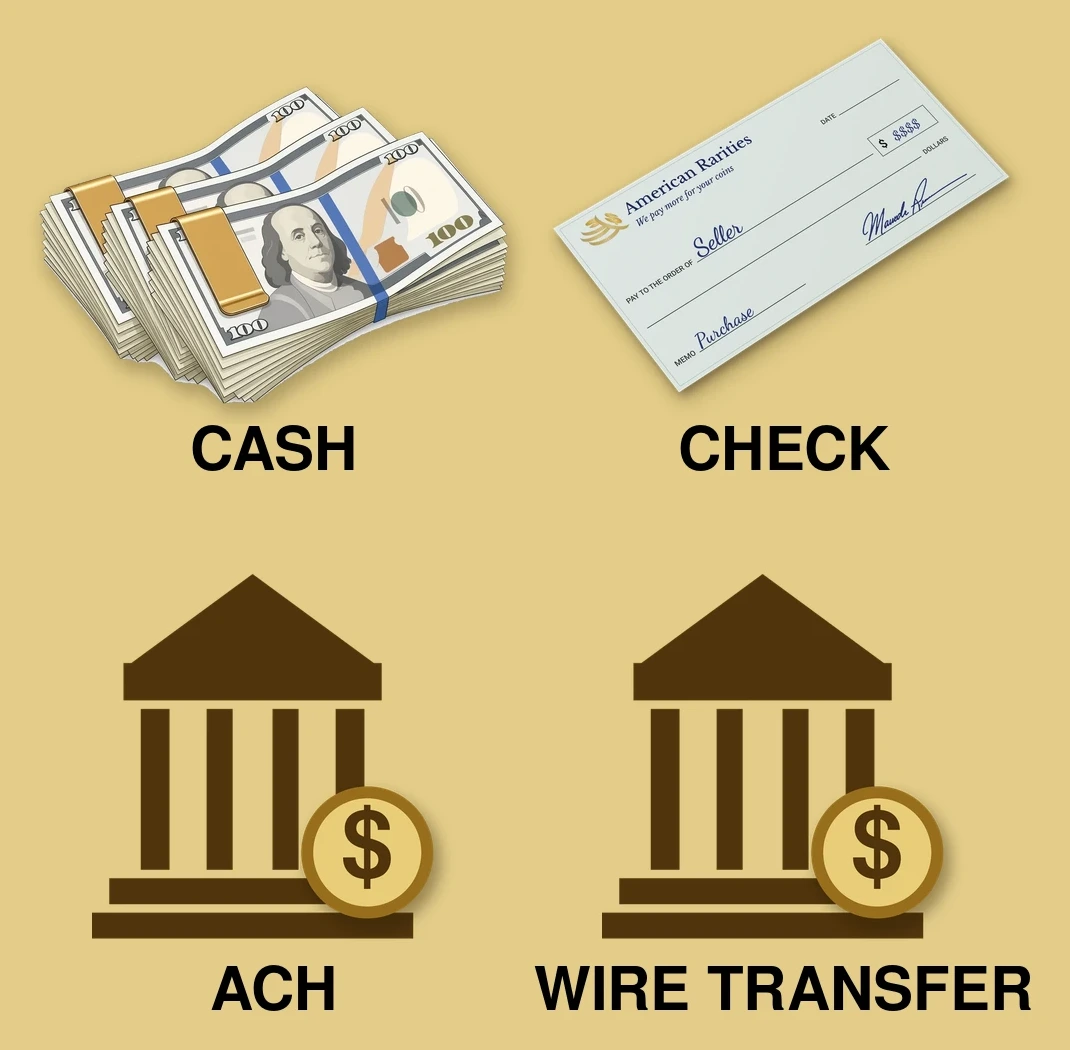 Four ways to get paid for your coins, stacked two by two: stacks of $100 bills in gold money clips labeled Cash, an American Rarities check labeled Check, and two bank buildings with gold dollar coin badges labeled ACH and Wire Transfer