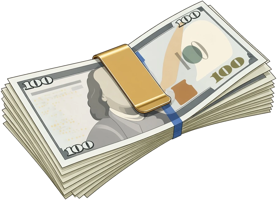 Stack of $100 bills spread in a gold money clip representing fast cash payment from American Rarities
