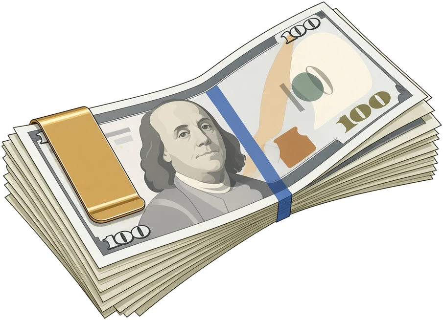 Cash payment: $100 bills with a Benjamin Franklin portrait in a gold money clip from American Rarities