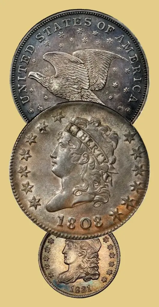 Vertical stack of a flying eagle Gobrecht silver dollar reverse, an 1808 Classic Head large cent, and an 1831 Capped Bust half dime