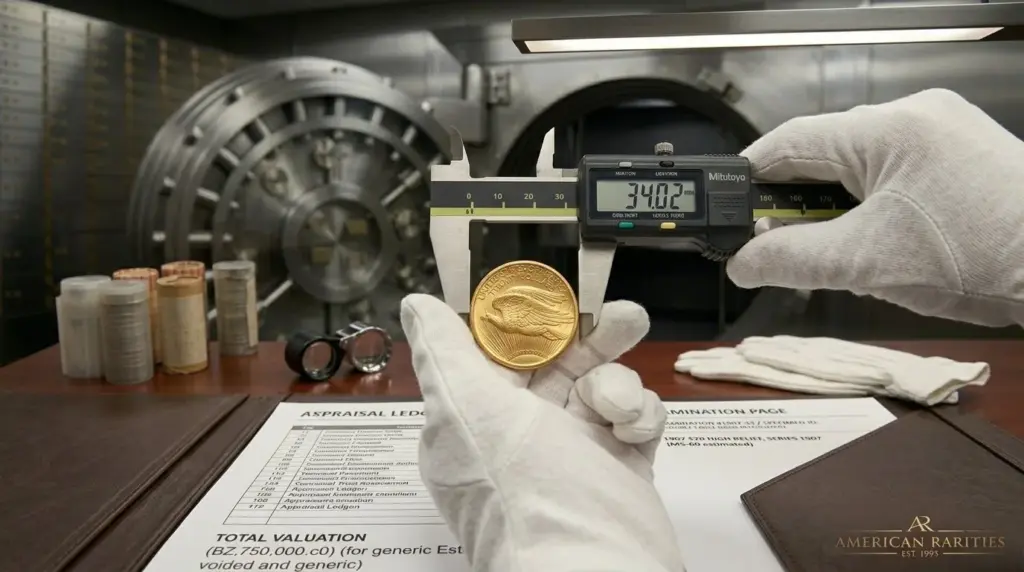 Gloved hand measuring a gold double eagle with a digital caliper reading 34.02 mm in front of a bank vault door, with appraisal ledger papers on the desk
