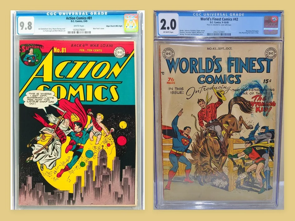 CGC graded Action Comics #81 at 9.8 beside World's Finest Comics #42 at 2.0