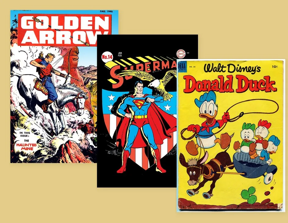 Golden Arrow, Superman No. 14 and Walt Disney's Donald Duck comic book covers